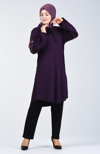Big Size Sleeve Embroidered Tunic Purple 5927A-06