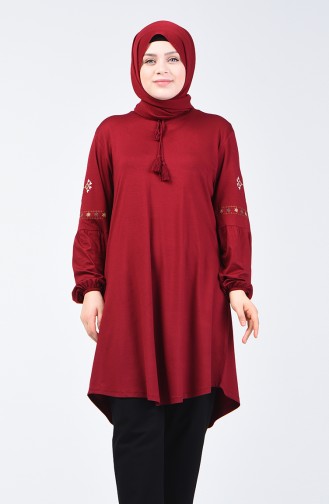 Big Size Sleeve Embroidered Tunic Bordeaux 5927A-09