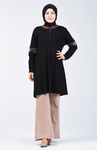 Big Size Button Detailed Tunic Black 6037-01