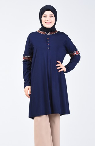 Big Size Button Detail Tunic Navy Blue 6037-02