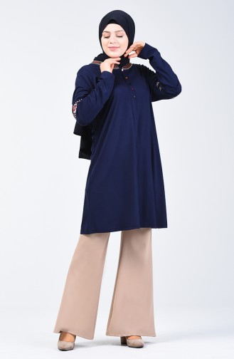 Big Size Button Detail Tunic Navy Blue 6037-02