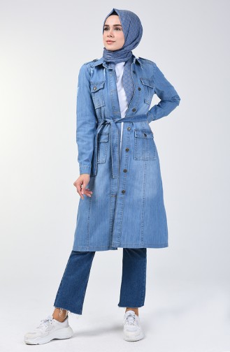 Buttoned Belted Denim Jacket 6083-01 Jeans Blue 6083-01