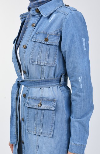 Buttoned Belted Denim Jacket 6083-01 Jeans Blue 6083-01