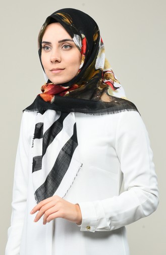 Flower Patterned Scarf Black Orange 2461-11