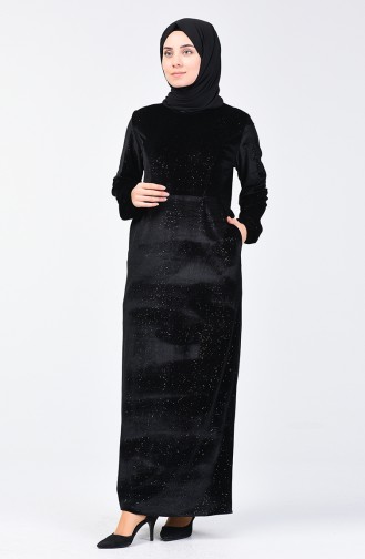 Kadife Simli Elbise 81781-01 Siyah