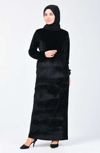 Kadife Simli Elbise 81781-01 Siyah