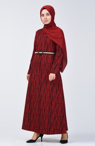 Kemerli Desenli Elbise 6201-02 Kırmızı