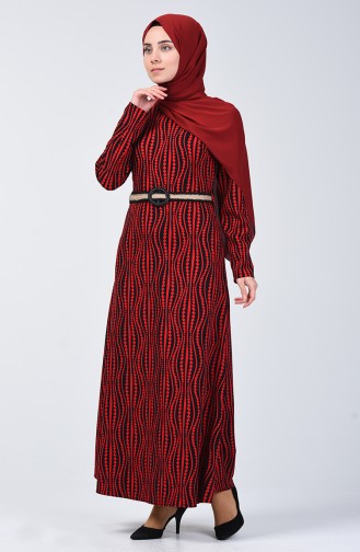 Kemerli Desenli Elbise 6201-02 Kırmızı