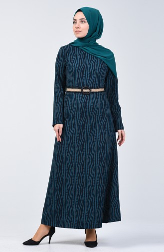 Belted Patterned Dress 6201-03 Emerald Green 6201-03