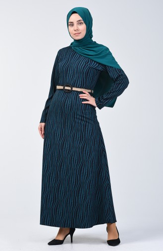 Belted Patterned Dress 6201-03 Emerald Green 6201-03