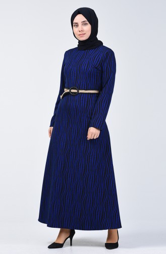 Belted Patterned Dress 6201-04 Saxe Blue 6201-04