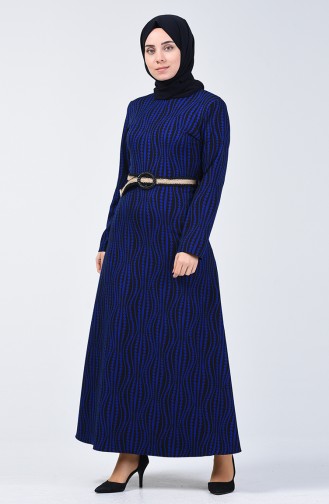 Robe à Motifs Avec Ceinture 6201-04 Bleu Roi 6201-04