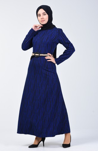 Belted Patterned Dress 6201-04 Saxe Blue 6201-04