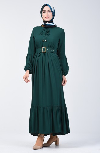 Gürtel Detailliertes Kleid 4534-02 Smaragdgrün 4534-02
