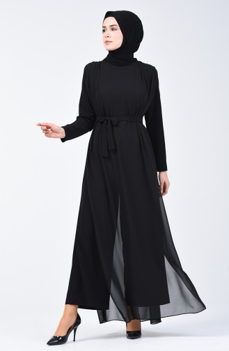 Chiffon Detailed Belted Rumper 1411-02 Black 1411-02