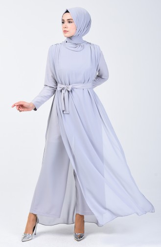 Chiffon Detailed Belted Rumper 1411-04 Grey 1411-04