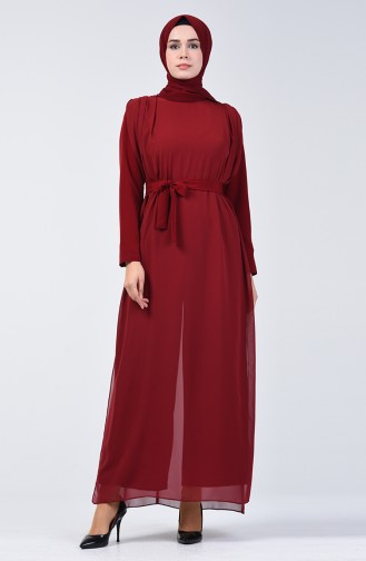 Chiffon Detailed Belted Rumper 1411-05 Claret Red 1411-05