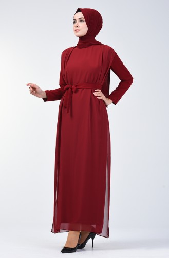 Chiffon Detailed Belted Rumper 1411-05 Claret Red 1411-05