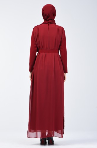 Chiffon Detailed Belted Rumper 1411-05 Claret Red 1411-05