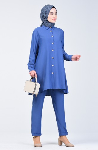 Buttoned Tunic Trousers Double Suit Indigo 1310-02