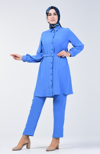 Tunika Hose Zweier Anzug mit Gürtel aus Aerobin Stoff 5493-02 Blau 5493-02