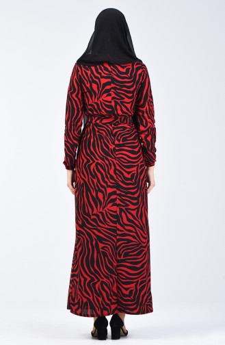 Desenli Kuşaklı Elbise 8862-05 Kırmızı