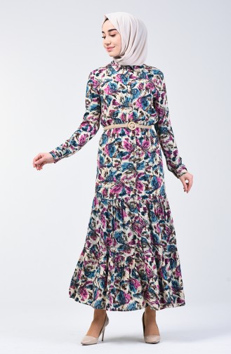 Flower Patterned Viscose Dress 0351-01 Lilac 0351-01