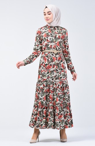 Flower Patterned Viscose Dress 0351-03 Vermilion 0351-03