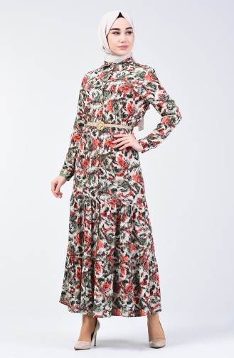 Flower Patterned Viscose Dress 0351-03 Vermilion 0351-03