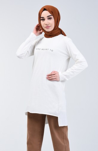Text Patterned Asymmetric Tunic 2302-09 Ecru 2302-09