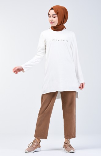 Text Patterned Asymmetric Tunic 2302-09 Ecru 2302-09