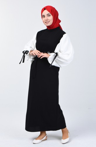 فستان بتفاصيل ربطة على الأكمام أسود وأبيض 0346-01