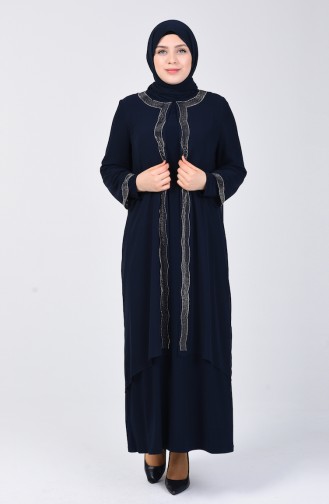 Robe de Soirée İmprimée de Pierre Grande Taille 3152-01 Bleu Marine 3152-01