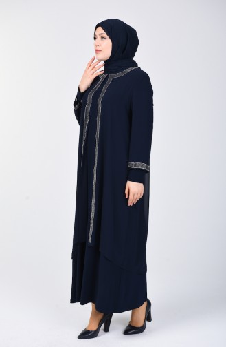 Robe de Soirée İmprimée de Pierre Grande Taille 3152-01 Bleu Marine 3152-01