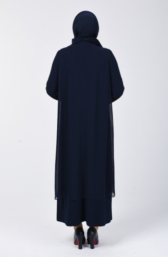 Robe de Soirée İmprimée de Pierre Grande Taille 3152-01 Bleu Marine 3152-01