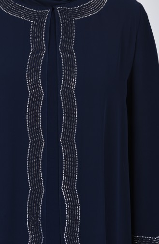 Robe de Soirée İmprimée de Pierre Grande Taille 3152-01 Bleu Marine 3152-01