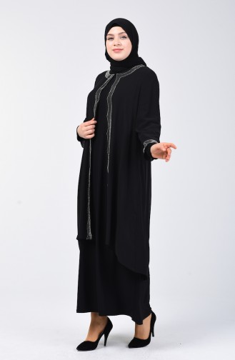 Robe de Soirée İmprimée de Pierre Grande Taille 3152-02 Noir 3152-02