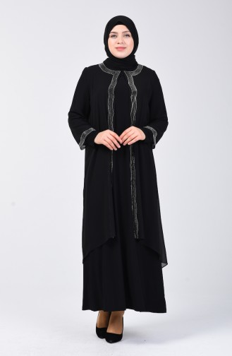 Robe de Soirée İmprimée de Pierre Grande Taille 3152-02 Noir 3152-02