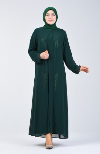 Büyük Beden Taş Baskılı Elbise 7820-07 Zümrüt Yeşili