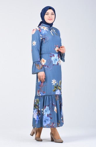 فستان منقوش بالأزهار مقاس كبير نيلي 7939-01