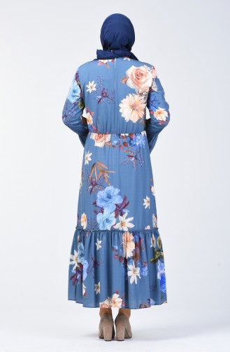 فستان منقوش بالأزهار مقاس كبير نيلي 7939-01
