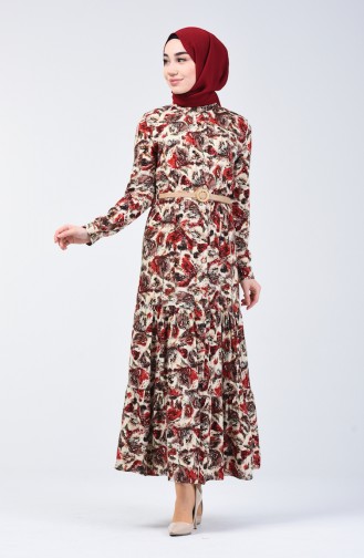 Flower Patterned Viscose Dress 0351-02 Claret Red 0351-02