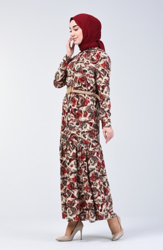 Flower Patterned Viscose Dress 0351-02 Claret Red 0351-02