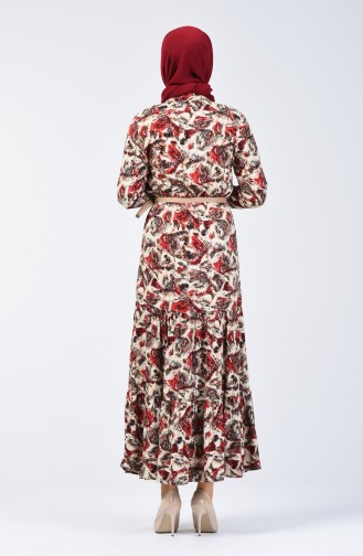 Flower Patterned Viscose Dress 0351-02 Claret Red 0351-02