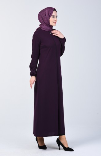 Elastic Sleeve Zippered Abaya 3053-03 Purple 3053-03