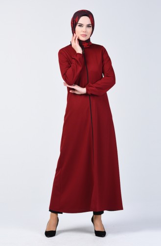 Elastic Sleeve Zippered Abaya 3053-05 Claret Red 3053-05