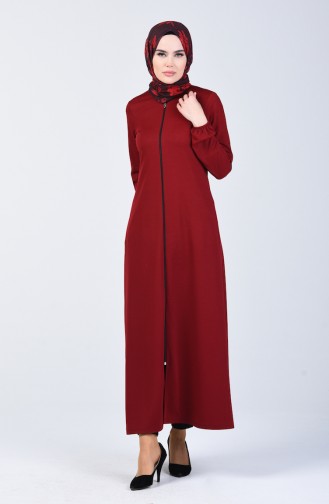 Elastic Sleeve Zippered Abaya 3053-05 Claret Red 3053-05