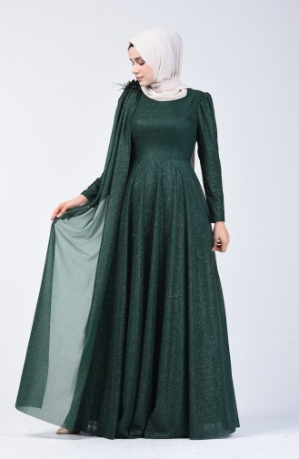 فستان سهرة بلمعة فضية أخضر زمردي 3050-01