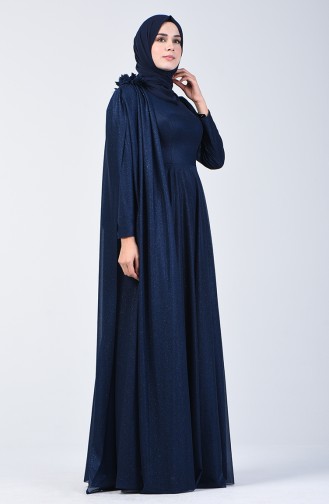 Navy Blue Hijab Evening Dress 3050-03