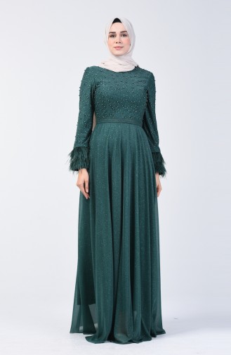 فستان سهرة مزين باللؤلؤ أخضر زمردي 3062-02